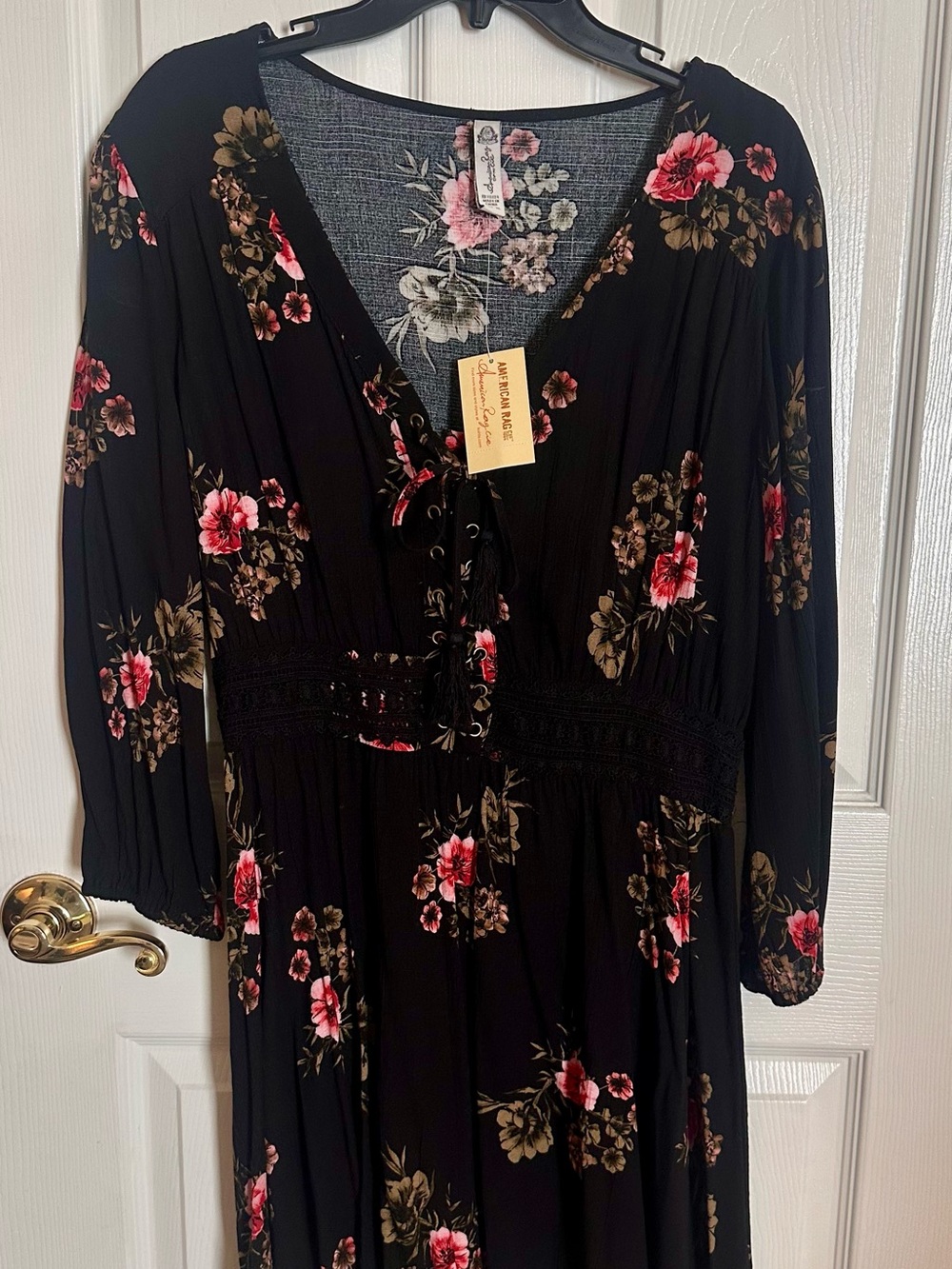 American Rag Black Floral Lace-Up Maxi Dress with Pink & Tan Blooms